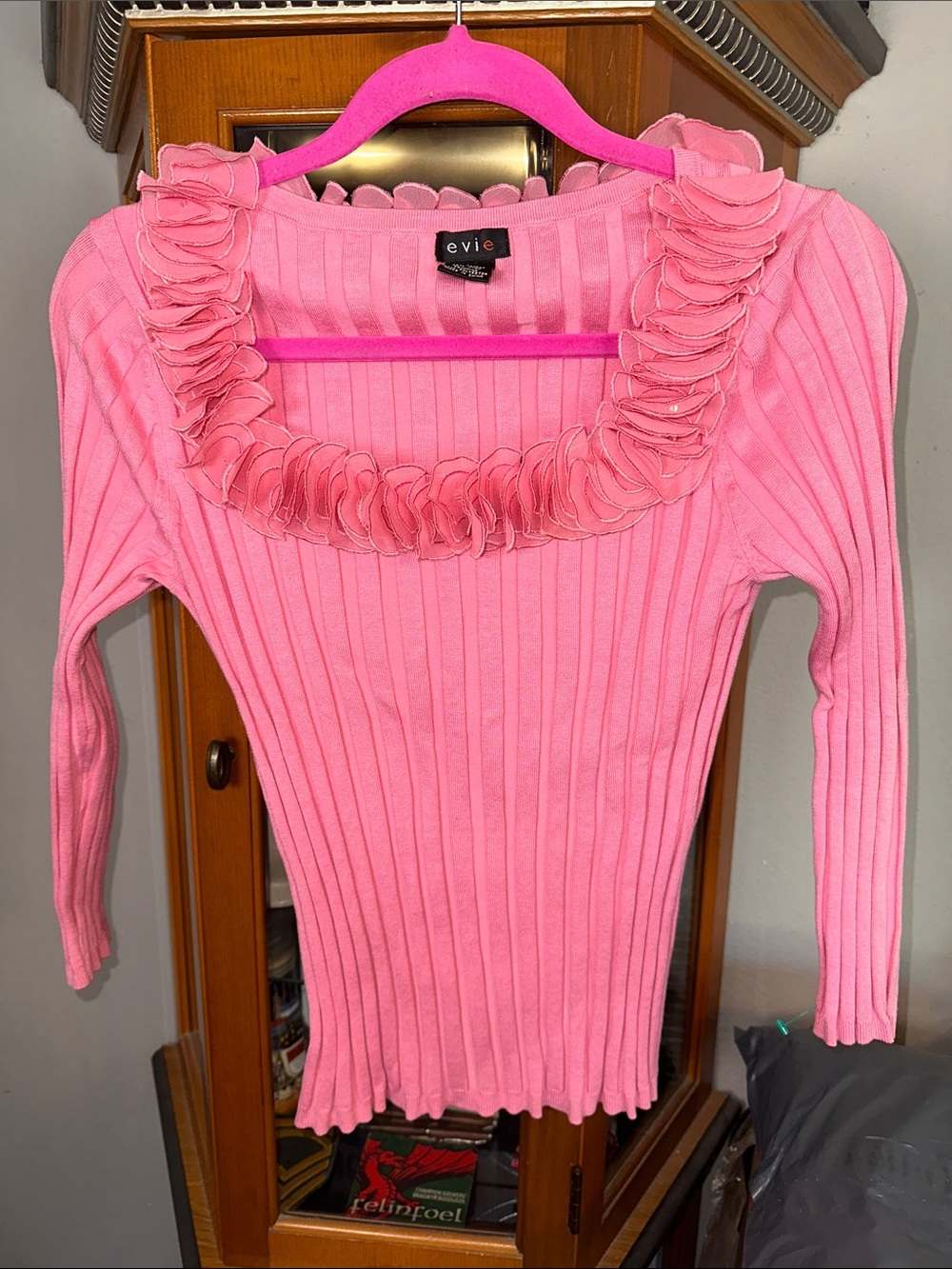EVIE Pink Ribbed Silk Long Sleeve Top with Floral Neckline